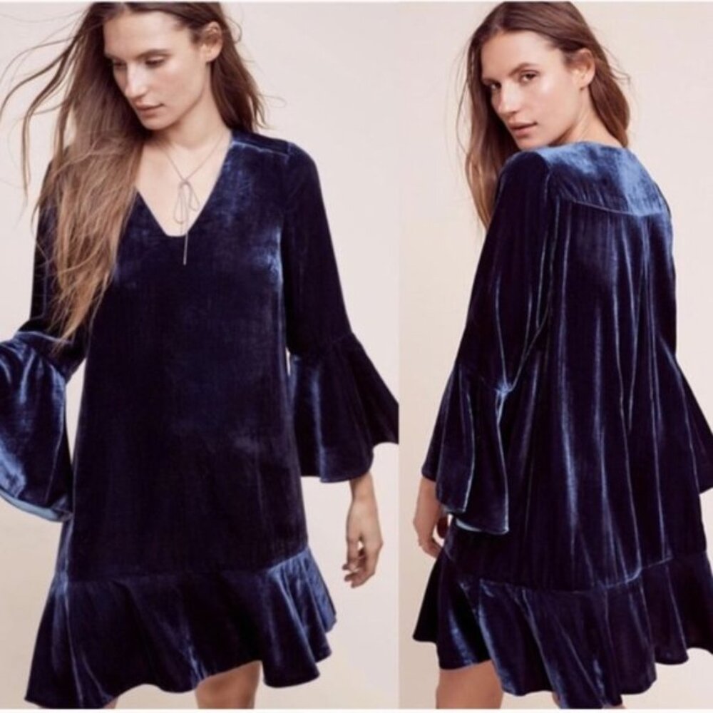 Gorgeous Blue Velvet Dress with Bell Sleeves